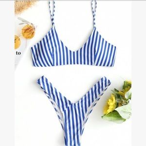 Zaful blue white striped bikini set sz 4